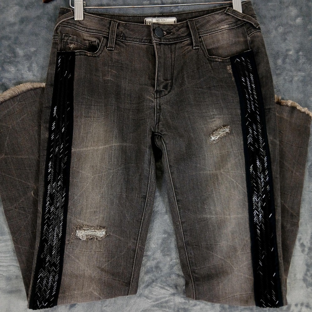 Free People Jeans Womens 26 Gray Beaded Side Stripe Skinny Distressed Raw Hem